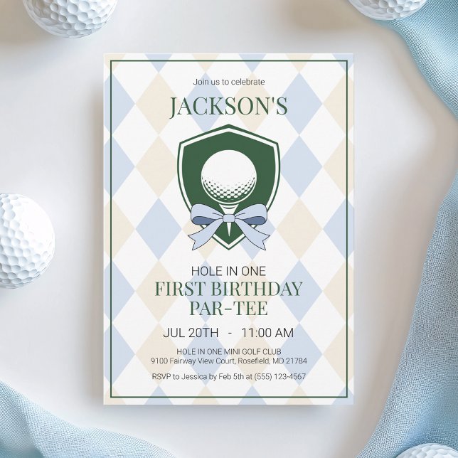 Convite Buraco em uma festa de primeiro aniversario Blue G (Hole in One Blue Golf Boy First Birthday Party Invitation)