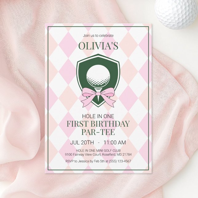 Convite Buraco em uma festa de primeiro aniversario das ga (Hole in One Pink Golf Girl First Birthday Party Invitation)
