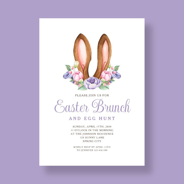 Convite Buraco Floral Purple Páscoa de Orelhas Brunch (Purple Floral Bunny Ears Easter Brunch Invitation)