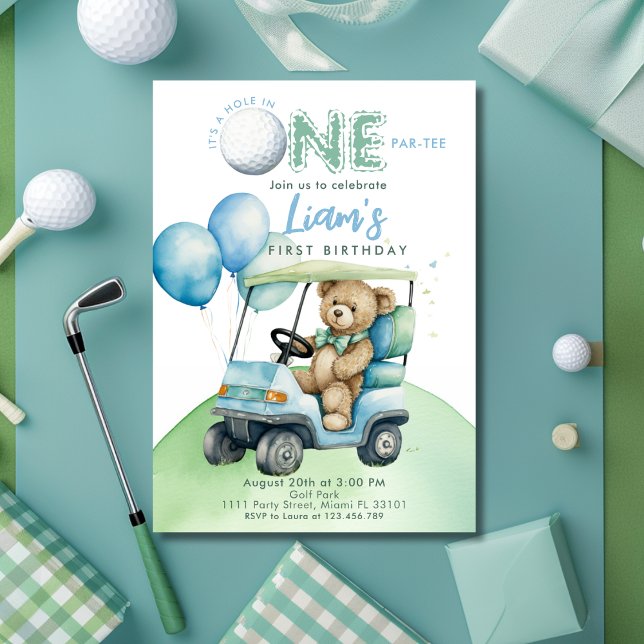 Convite Buraco Num Garoto De Golfe Primeiro Urso De Aniver (Hole in One Golf First Birthday Par- tee Invitation)