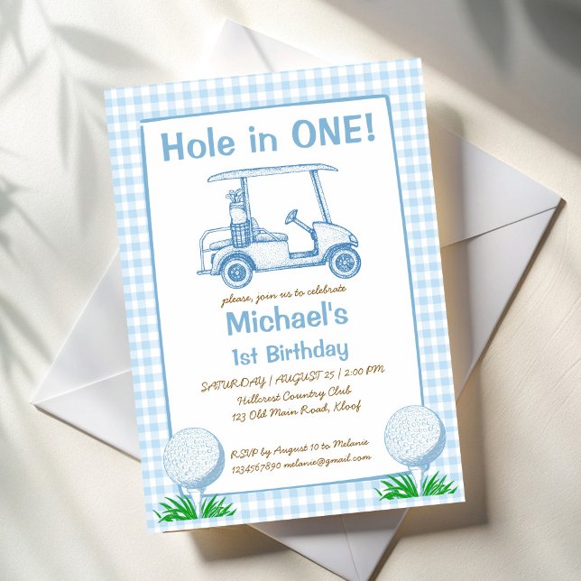 Convite Buraco num primeiro aniversario de golfe de gingha (Hole in one pastel blue gingham golf 1st birthday party invitation template sports boys birthday)