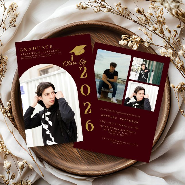 Convite Burdundy  and Gold Photo Graduation (Criador carregado)