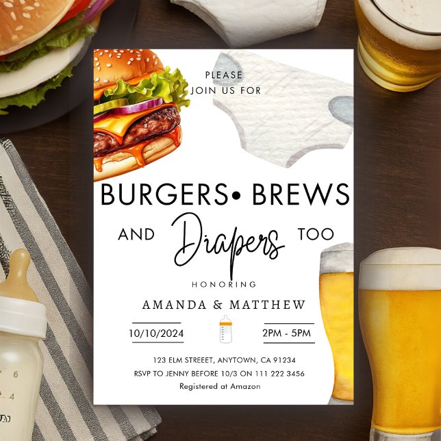Convite Burgers, quebra Fraldas Casais casuais (Burgers Brews Diapers Casual Couple Baby Shower Invitation)