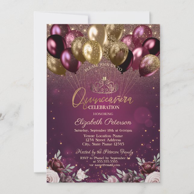 Convite Burgundia Balões de Brilhantes Quinceañera (Frente)