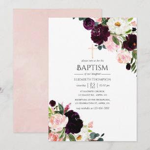 Convite Burgúndia Plum e Batismo Floral Rosa Esmagado