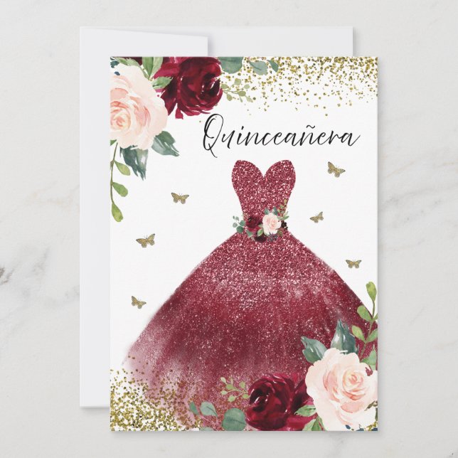 Convite Burgundia Red Gown Esfregando Quinceanera Floral (Frente)