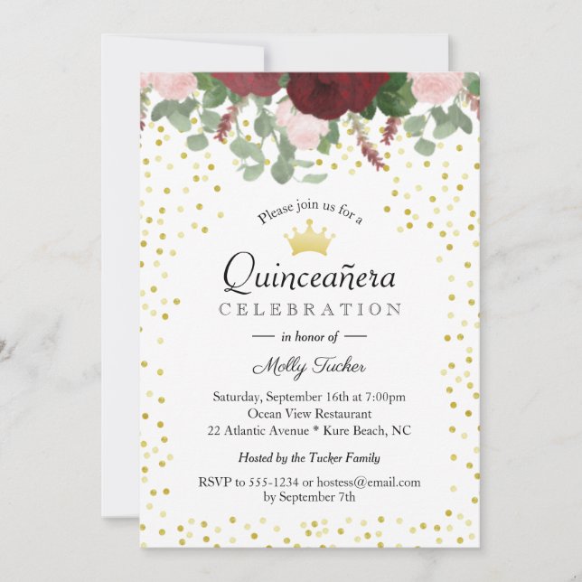 Convite Burgundy - 15 de Quinceanera (Frente)