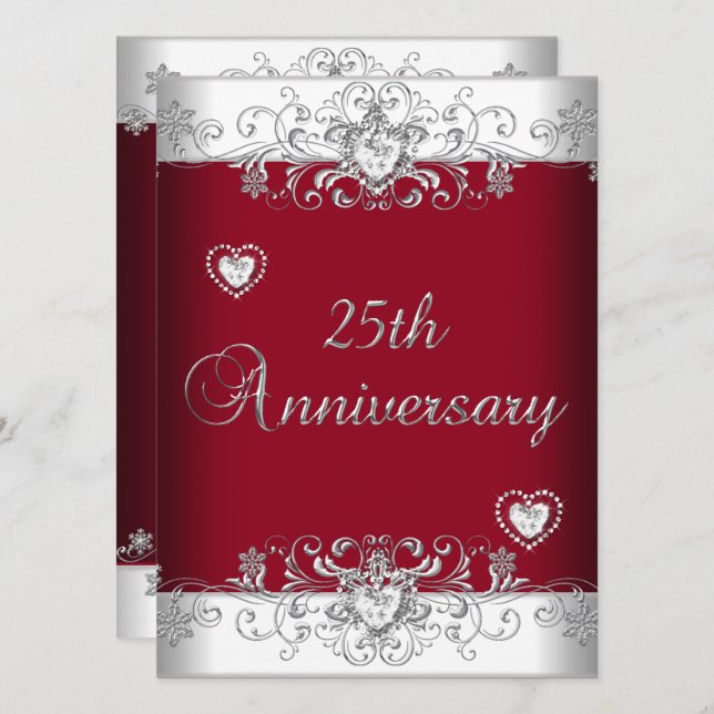 Convite Burgundy 25 Wedding Anniversário Diamond Hearts (Frente/Verso)