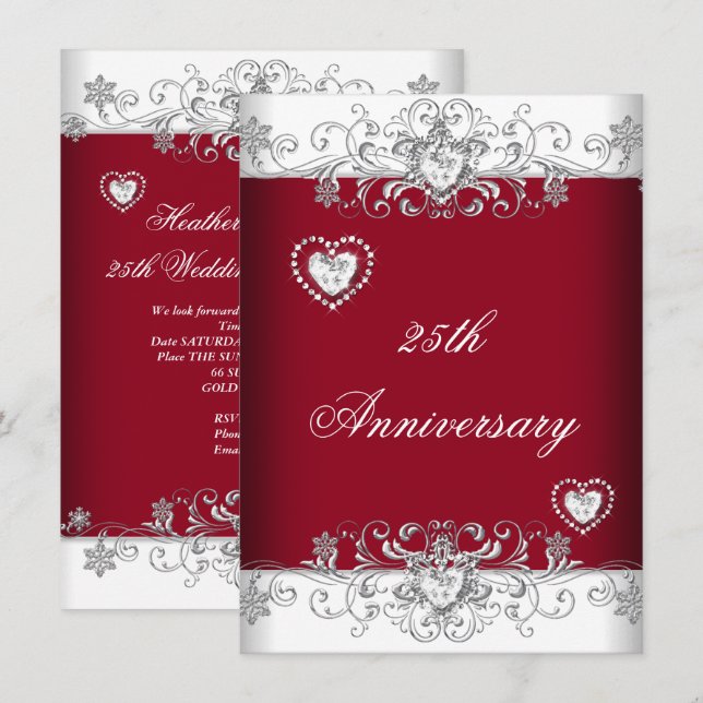 Convite Burgundy 25 Wedding Anniversário Diamond Hearts (Frente/Verso)
