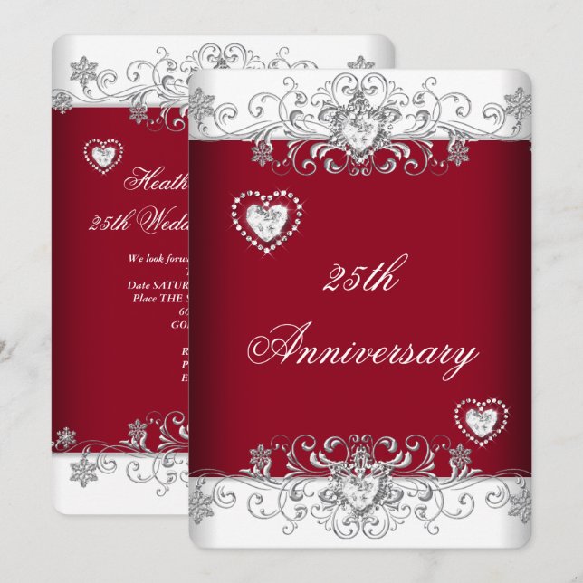 Convite Burgundy 25 Wedding Anniversário Diamond Hearts (Frente/Verso)
