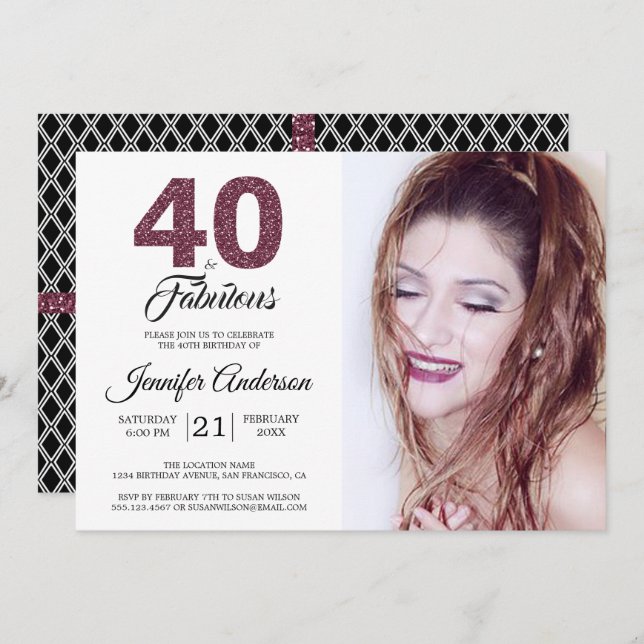 Convite Burgundy 40 e Fabulosa aniversário de 40 anos (Frente/Verso)