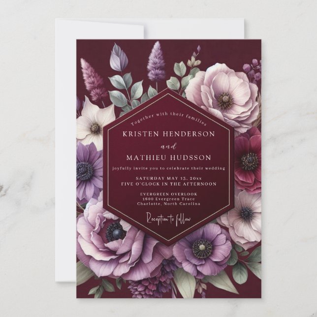 Convite Burgundy Amethyst Bloom Wedding (Frente)