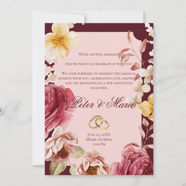 Convite Burgundy and Blush Geometric Floral Wedding (Frente)