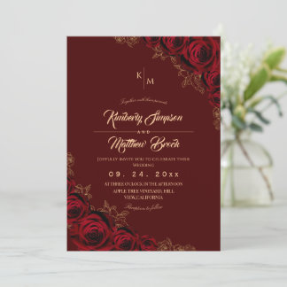 Convite Burgundy and Gold Rose Floral Boho Wedding Invitat