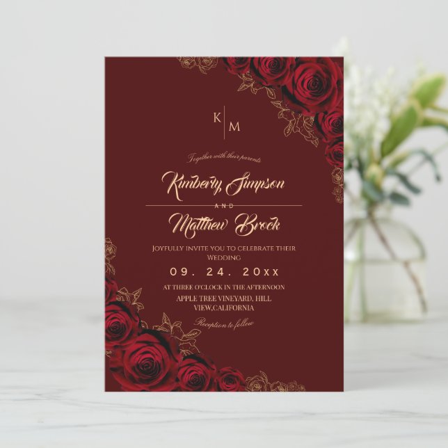 Convite Burgundy and Gold Rose Floral Boho Wedding Invitat (Em pé/Frente)