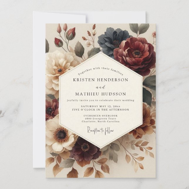 Convite Burgundy Antique Bloom Wedding (Frente)