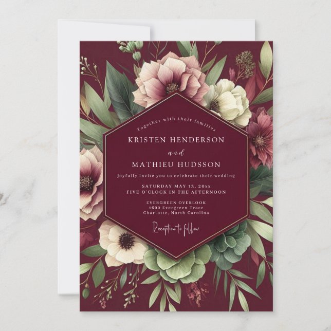 Convite Burgundy Artistic Bloom Wedding (Frente)