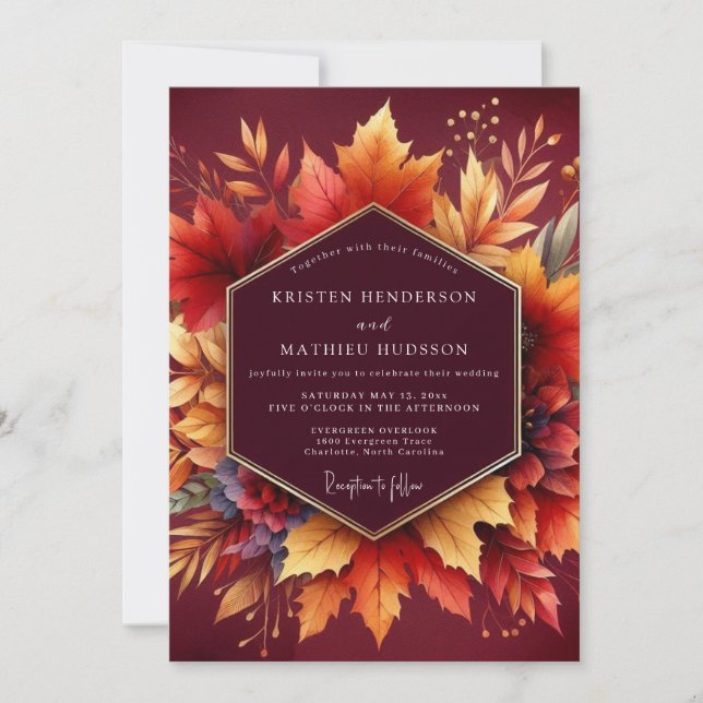 Convite Burgundy Autumn Bloom Wedding (Frente)