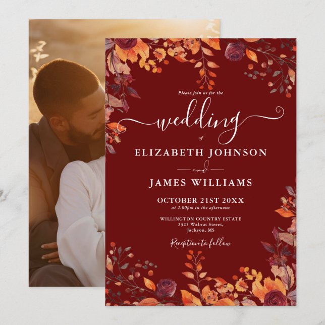 Convite Burgundy Autumn Fall Floral Photo Wedding (Frente/Verso)