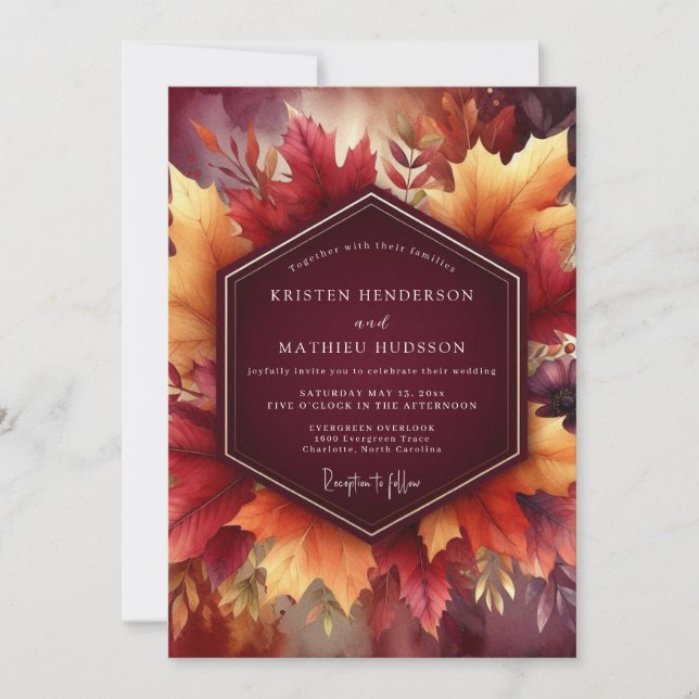 Convite Burgundy Autumn Leaf Celebration Wedding (Frente)