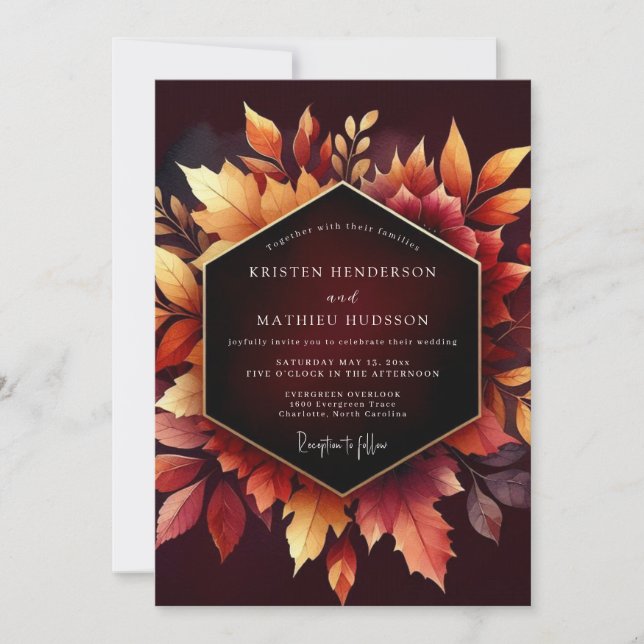 Convite Burgundy Autumn Leaf Romance Wedding (Frente)
