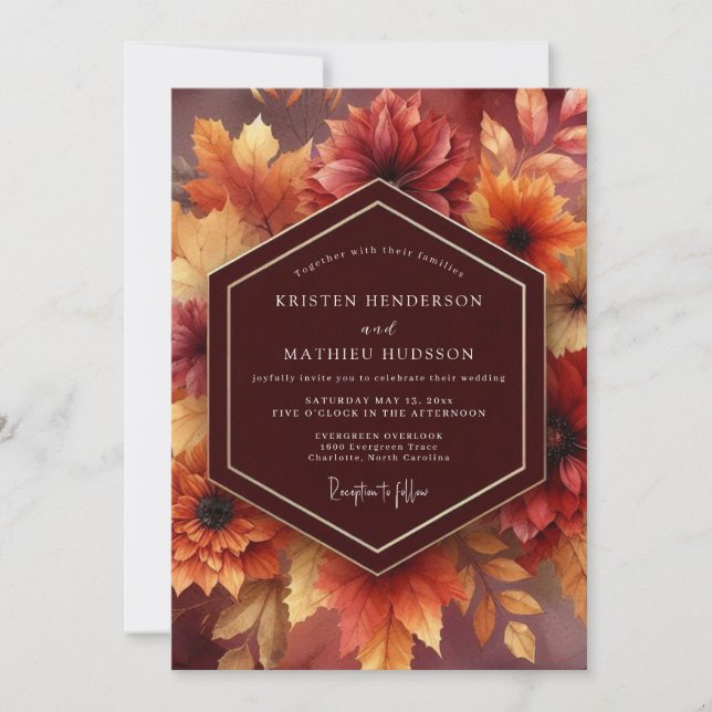 Convite Burgundy Autumnal Bloom Wedding (Frente)