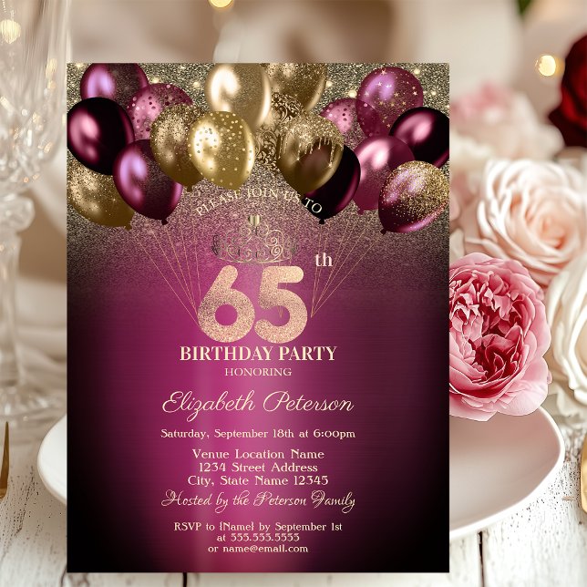 Convite Burgundy Balloons Glitter 65º Aniversário (Criador carregado)