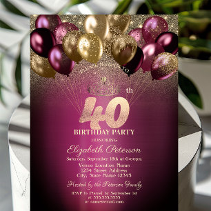Convite Burgundy Balloons Glitter aniversário de 40 anos