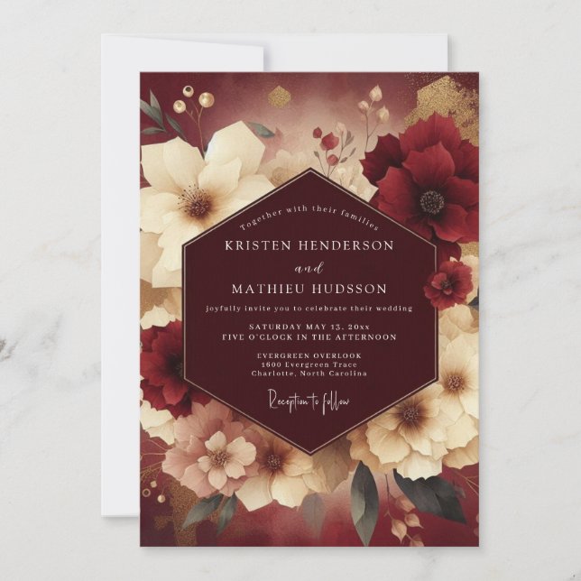 Convite Burgundy Baroque Flora Wedding (Frente)