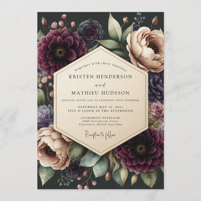 Convite Burgundy Baroque Floral Wedding (Frente)