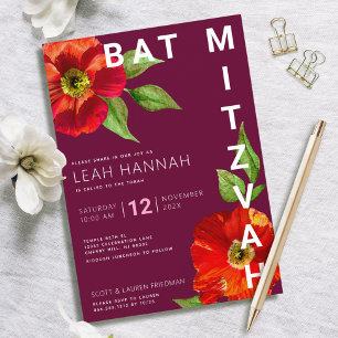 Convite Burgundy Bat Mitzvah Floral Aquarela Moderno
