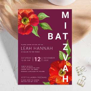 Convite Burgundy Bat Mitzvah Floral Watercolor Moderna