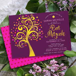 Convite Burgundy Bat Mitzvah Moderno Folheado a Ouro Árvor