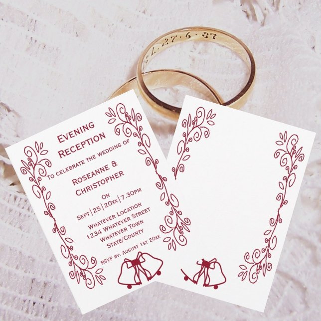 Convite Burgundy Bells - Recepção de casamento de Rolagem (Burgundy wedding reception invitation bells and scrollwork design)
