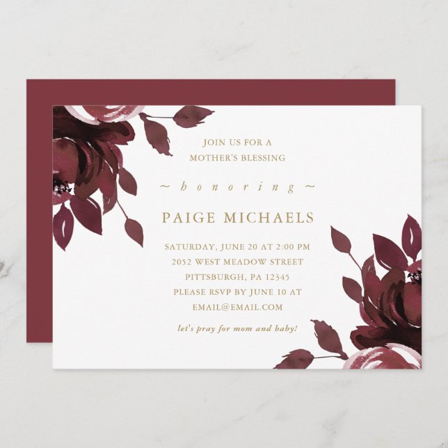 Convite Burgundy Bênção da Mãe Cristã Floral (Frente/Verso)