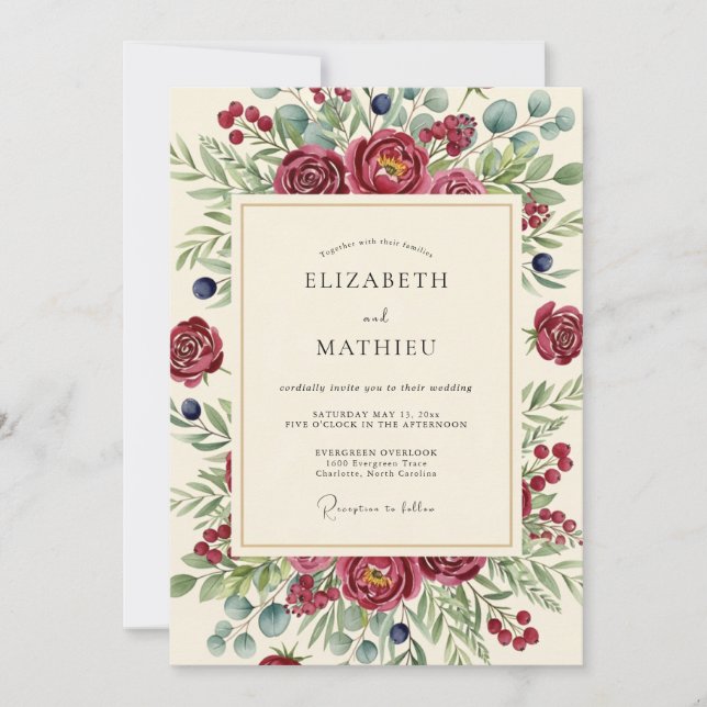 Convite Burgundy Berry Botanical Wedding (Frente)