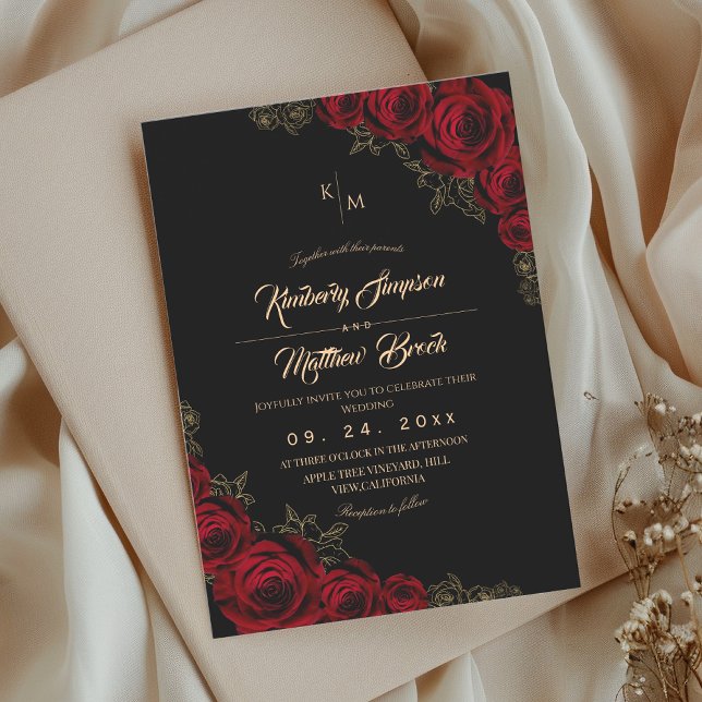 Convite Burgundy Black and Gold Rose Floral Boho Wedding (Criador carregado)