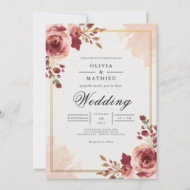 Convite Burgundy Bloom Archway Wedding (Frente)
