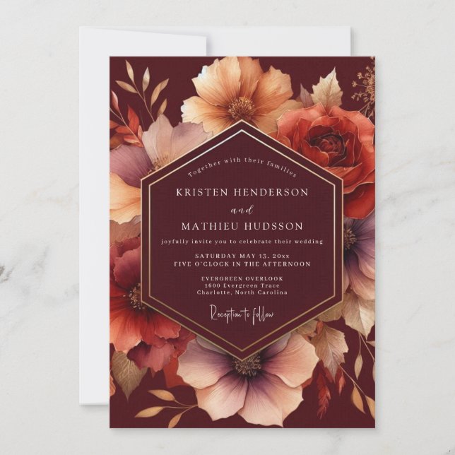 Convite Burgundy Bloom Autumn Wedding (Frente)