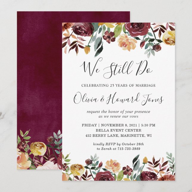 Convite Burgundy Bloom Floral Ainda Fazemos Vow Reneways (Frente/Verso)
