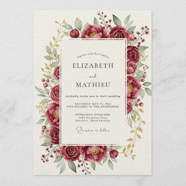 Convite Burgundy Bloom Romance Wedding (Frente)