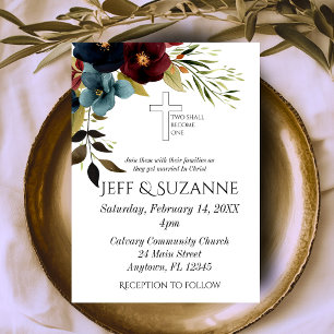 Convite Burgundy Blue Floral Cross Dois Torna-Se Um Casame