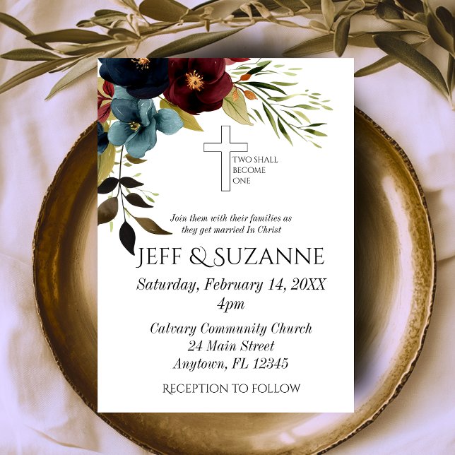 Convite Burgundy Blue Floral Cross Dois Torna-Se Um Casame (Burgundy Blue Floral Cross Two Become One Wedding Invitation)