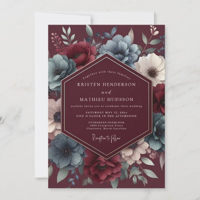 Convite Burgundy & Blue Shadowy Bloom Wedding (Frente)