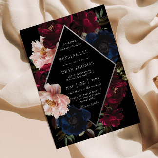 Convite Burgundy Blush Black Navy Floral Silver Wedding