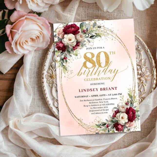 Convite Burgundy Blush Boho Garden 80th Birthday Invites (Burgundy Blush Boho Garden 80th Birthday Invitation)