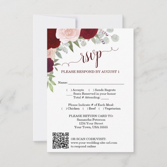 Convite Burgundy Blush Boho Roses Wedding QR Code RSVP  (Frente)
