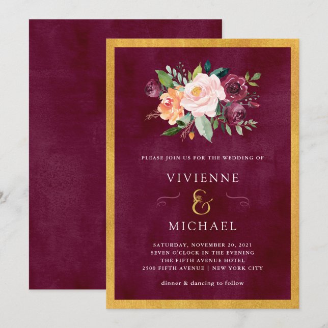 Convite Burgundy Blush | Casamento floral e Dourado (Frente/Verso)
