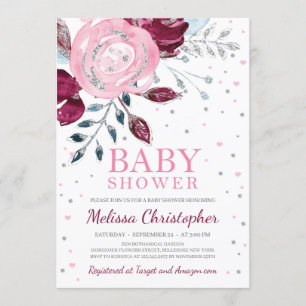 Convite Burgundy blush cor-de-rosa, bebê brilhante pratead