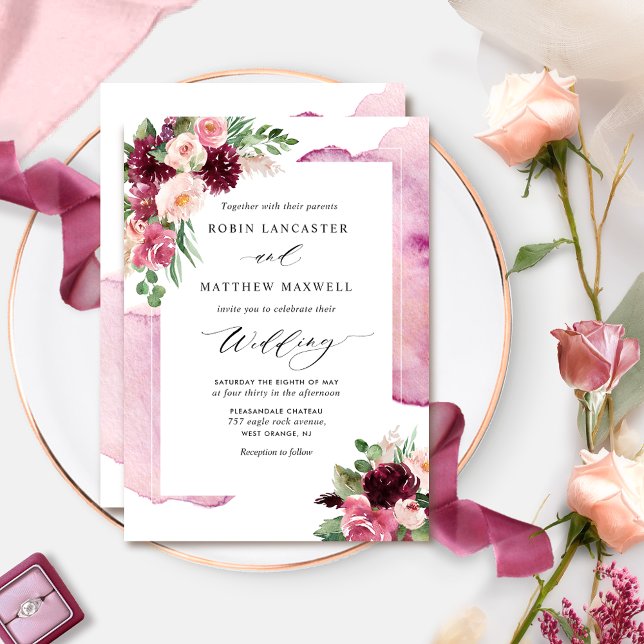 Convite Burgundy Blush e Berry Floral Casamento (Criador carregado)